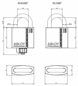 Всепогодный навесной замок Abloy (Аблой) PLM340/PLI340, дужка 10 мм